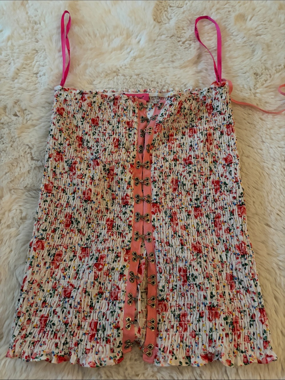 Betsey Johnson White Pink Floral Smocked corset  with Ribbon Straps